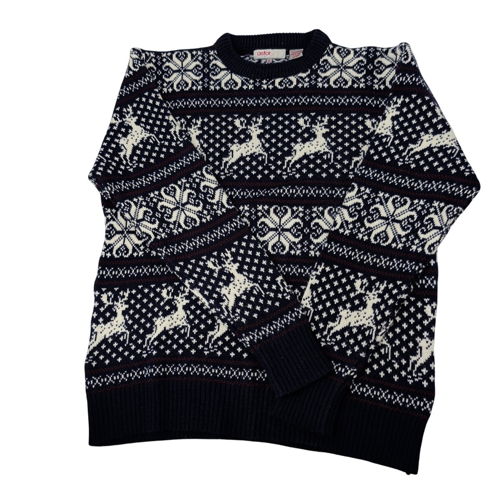 Astor One Mens XL Navy Blue Fair Isle Reindeer Snowflake Acrylic Knit Sweater